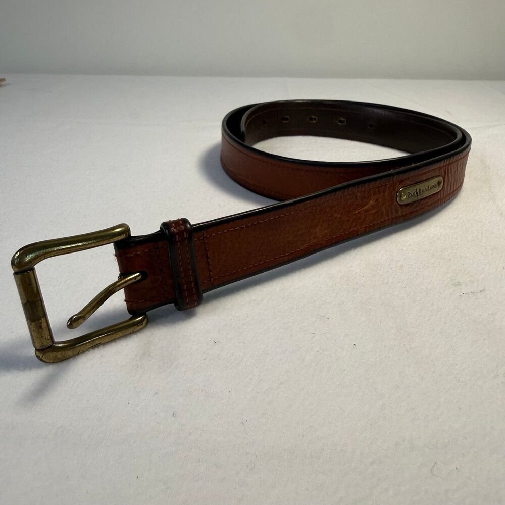 Polo Ralph Lauren Mens Brown Leather Belt Size 36 Brass Nameplate Roller Buckle